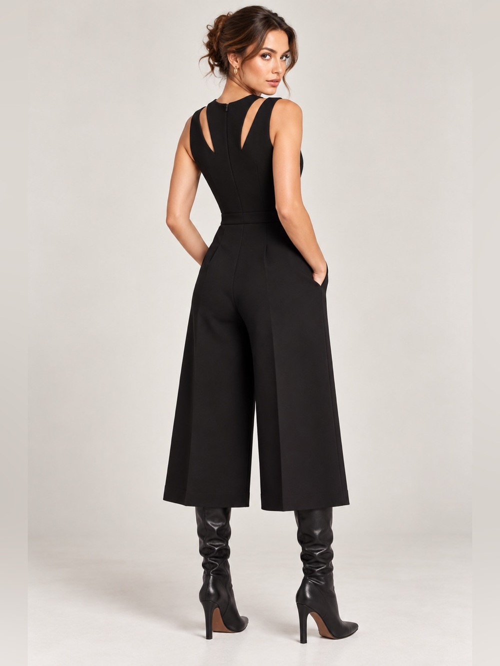 BCBGMaxAzria Black VNeck Wide Leg Jumpsuit Culotte Cropped Tailored Capris Sz XS - Picture 4 of 9